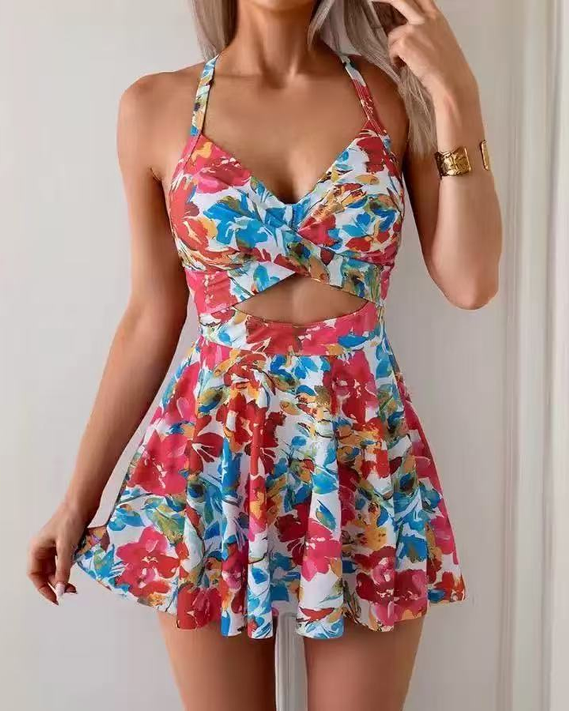 V-Neck Cutout Back Tie Tummy Control One Piece Swimsuit Dress