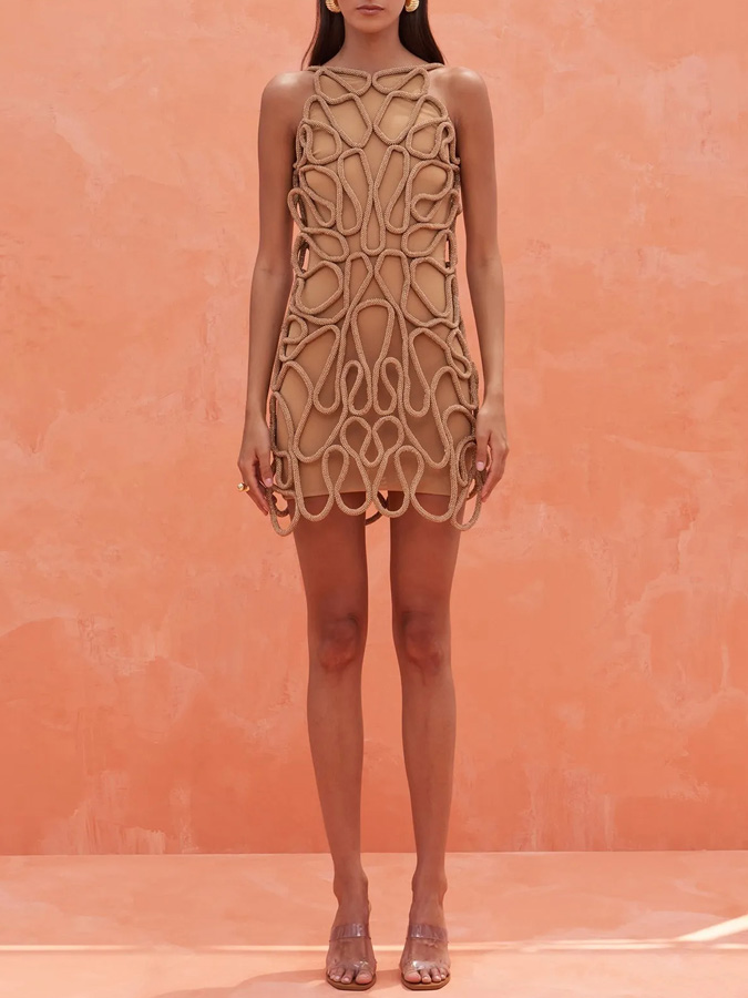 Halter Neck Solid Color Bikini Set And Crochet Dress