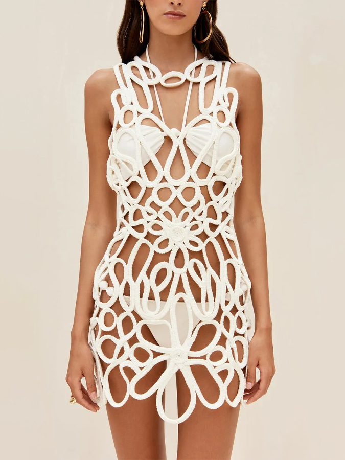 Halter Neck Solid Color Bikini Set And Crochet Dress