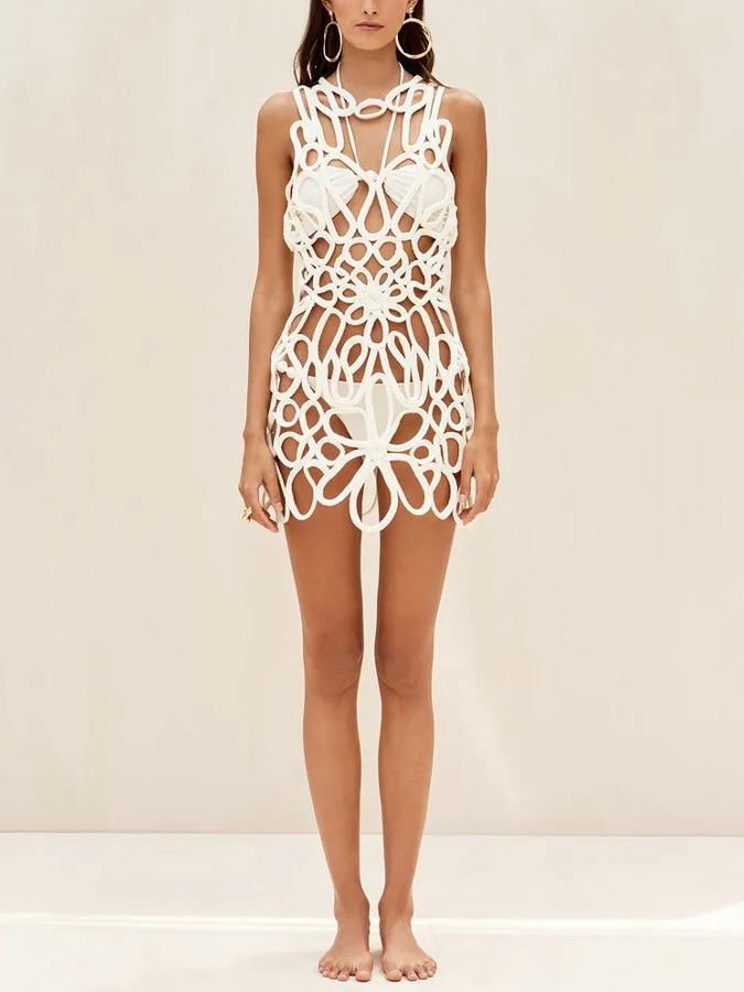 Halter Neck Solid Color Bikini Set And Crochet Dress