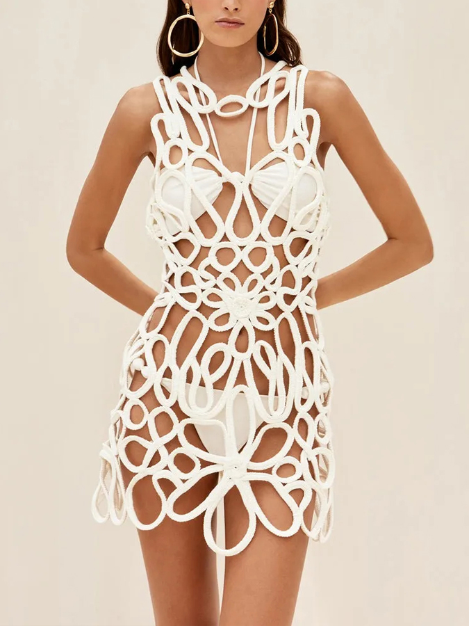 Halter Neck Solid Color Bikini Set And Crochet Dress