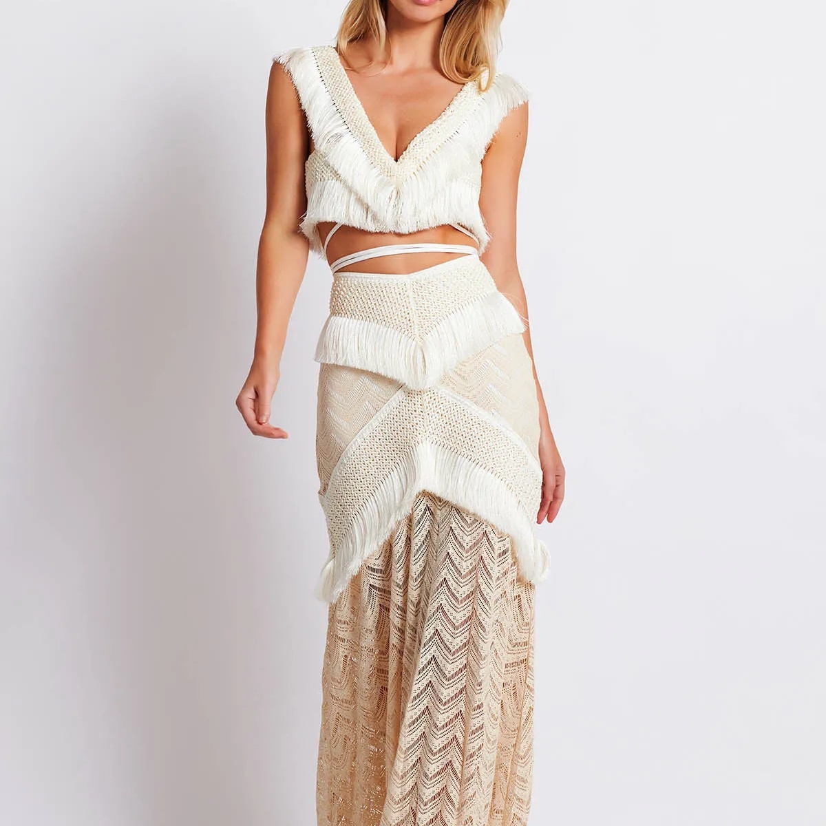 Boho Swim Cover-Up Set Fringe Knit Top High Waist Bottom Layered Skirt
