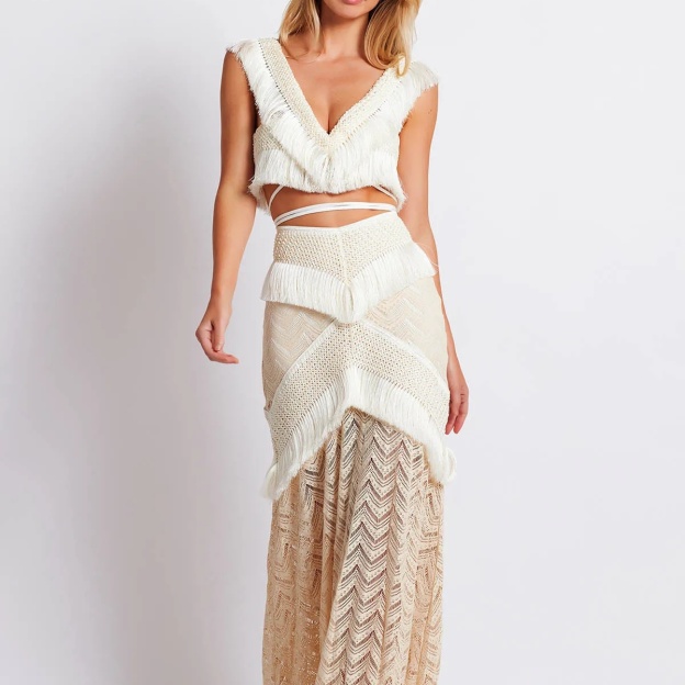 Boho Swim Cover-Up Set Fringe Knit Top High Waist Bottom Layered Skirt