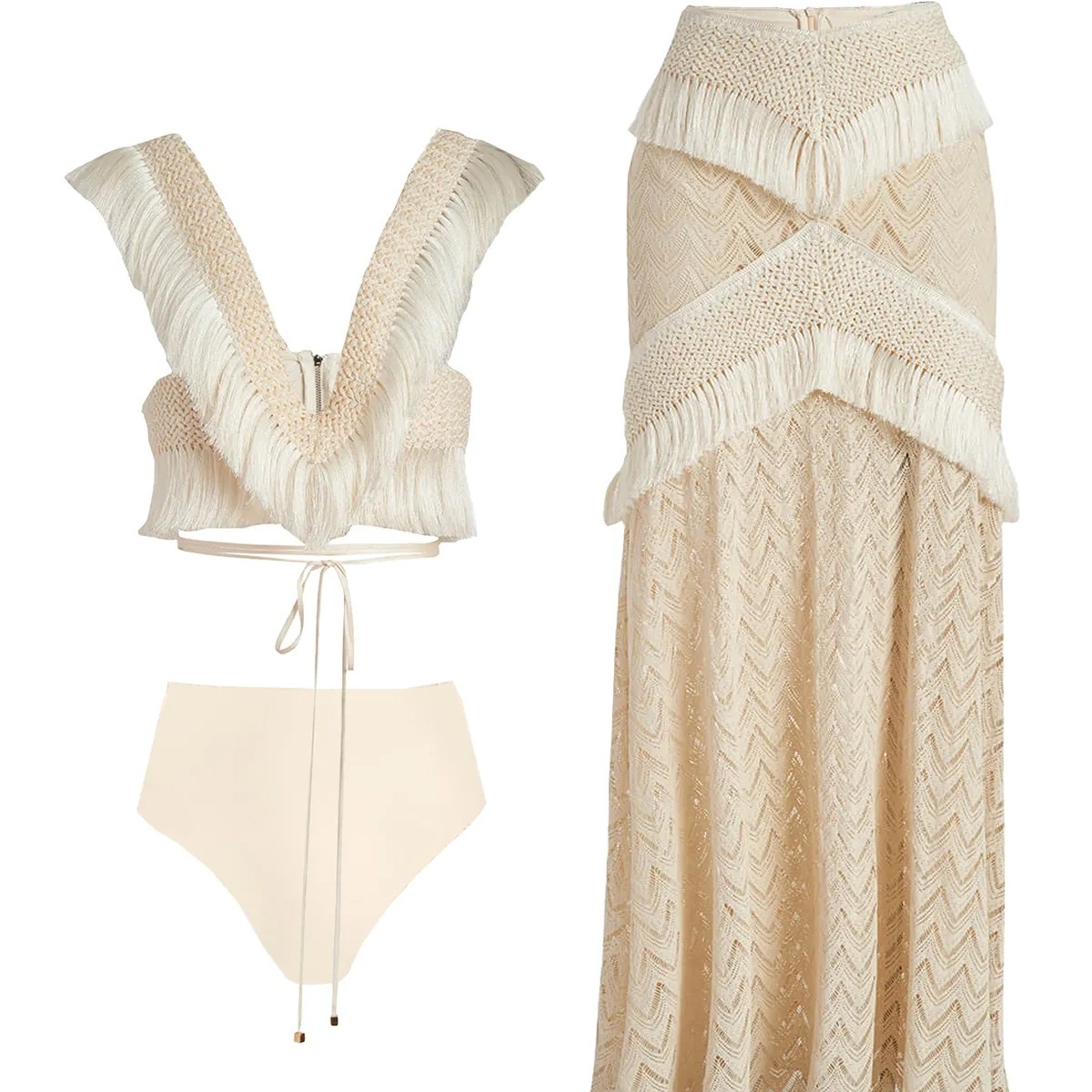 Boho Swim Cover-Up Set Fringe Knit Top High Waist Bottom Layered Skirt