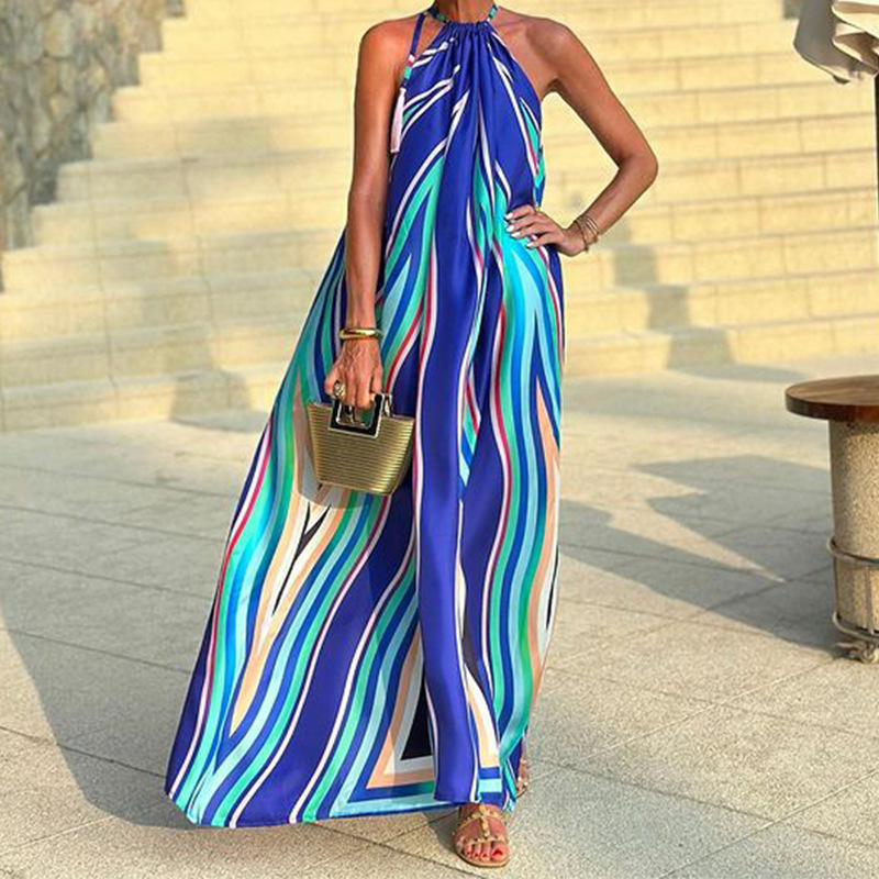 Printed Halter Neck Bohemian Mid-Length Beach Dress
