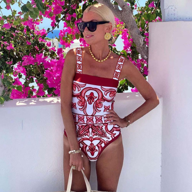 Ethnic-Inspired Printed One-Piece Swimsuit with Matching Skirt Set