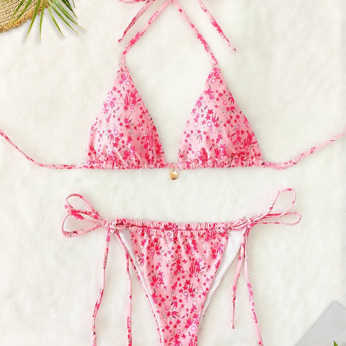 Sexy Floral Halter Bikini Set with Triangle Top Adjustable Neck Tie and Low Rise Side Tie Bottom