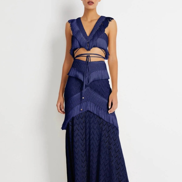 Boho Swim Cover-Up Set Fringe Knit Top High Waist Bottom Layered Skirt