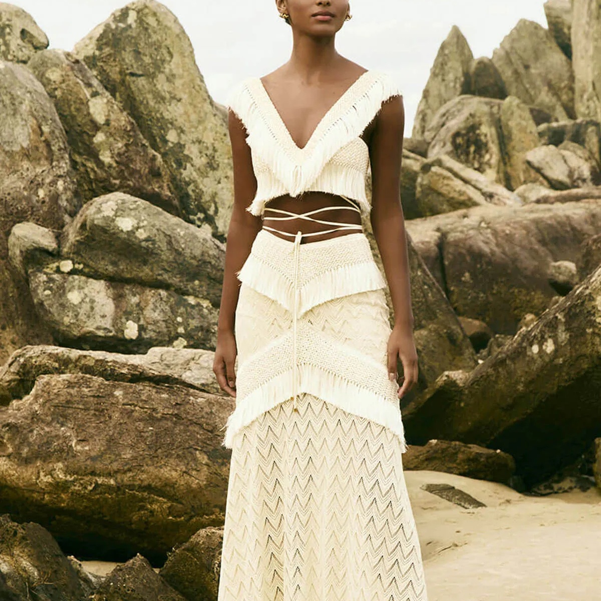 Boho Swim Cover-Up Set Fringe Knit Top High Waist Bottom Layered Skirt