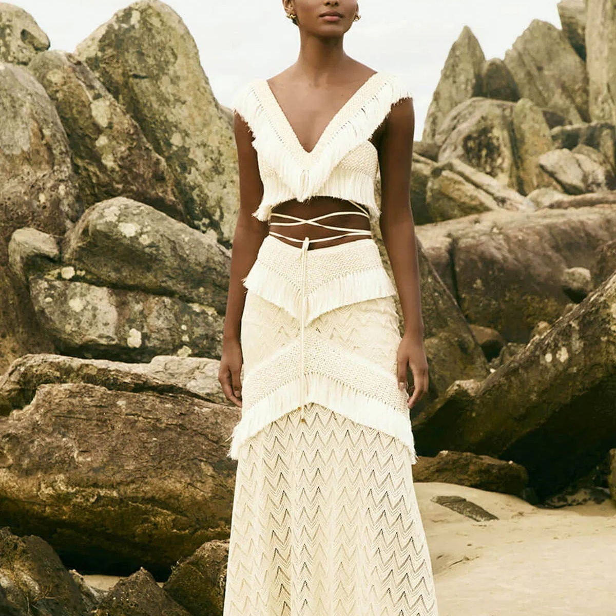 Boho Swim Cover-Up Set Fringe Knit Top High Waist Bottom Layered Skirt