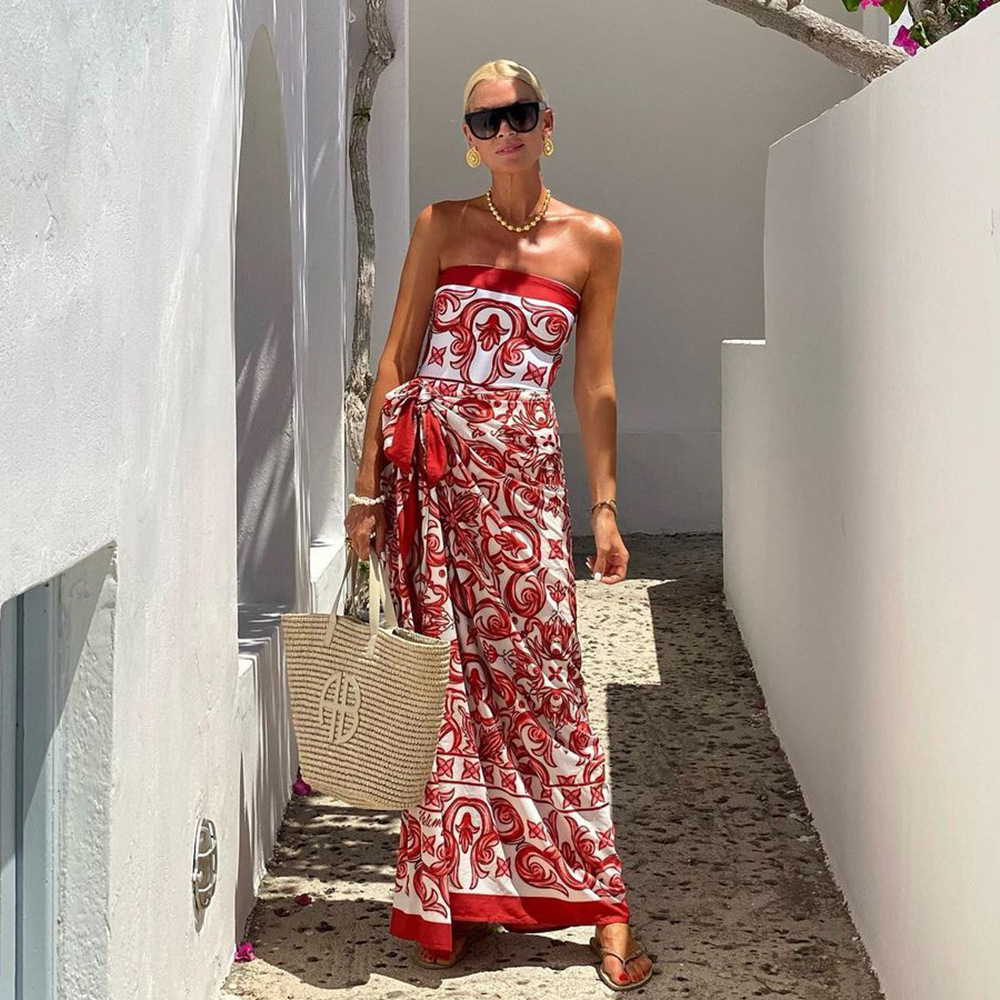 Ethnic-Inspired Printed One-Piece Swimsuit with Matching Skirt Set