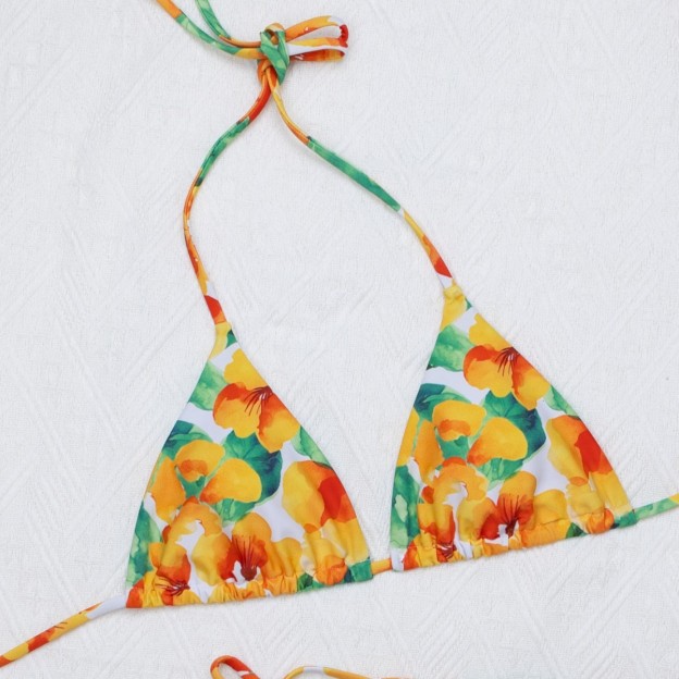 Floral Triangle Bikini Set Adjustable Neck Tie Side Tie Bottom