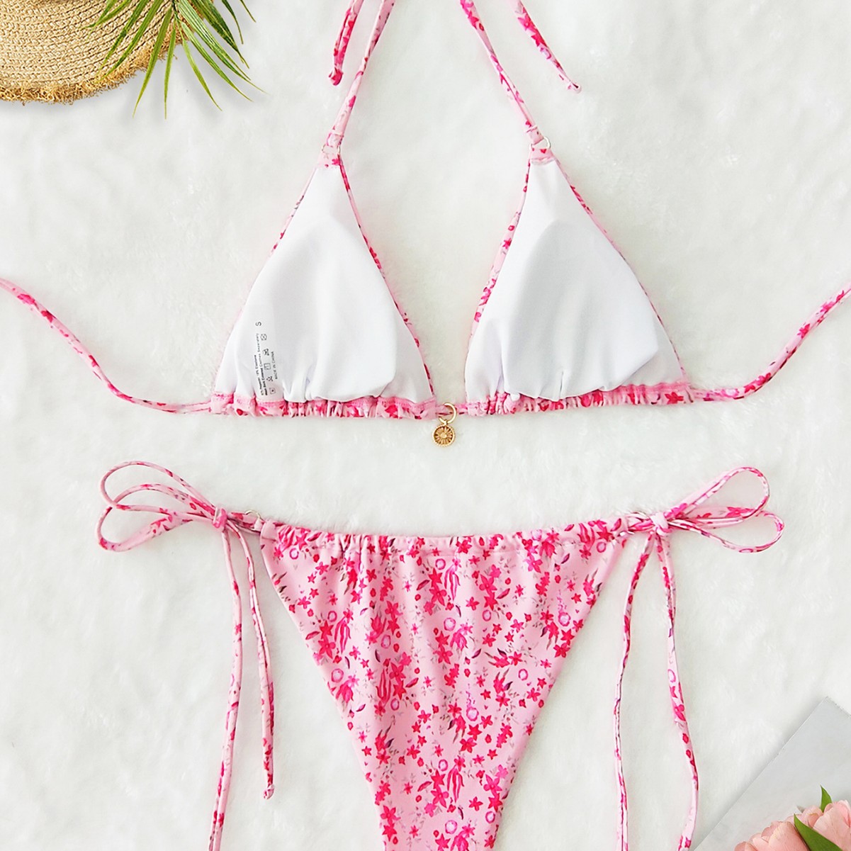 Sexy Floral Halter Bikini Set with Triangle Top Adjustable Neck Tie and Low Rise Side Tie Bottom