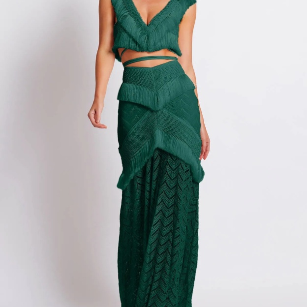 Boho Swim Cover-Up Set Fringe Knit Top High Waist Bottom Layered Skirt