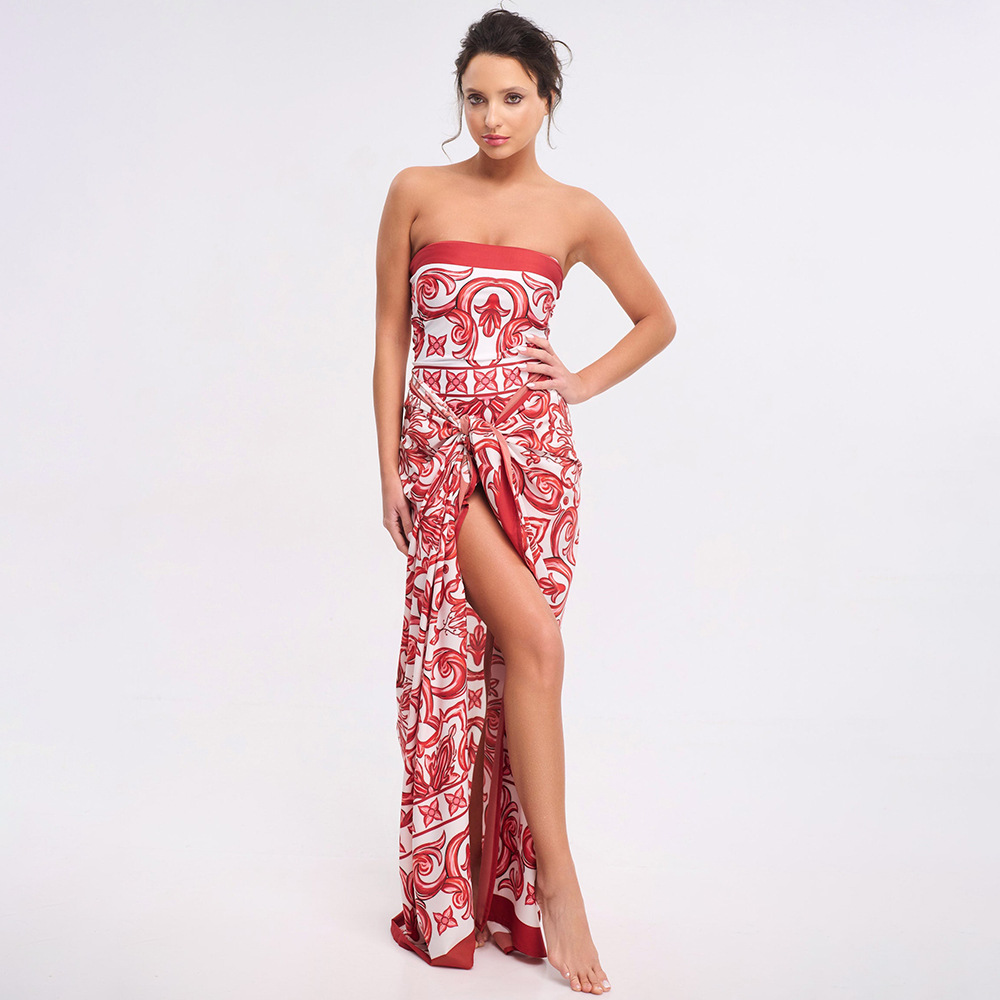 Ethnic-Inspired Printed One-Piece Swimsuit with Matching Skirt Set