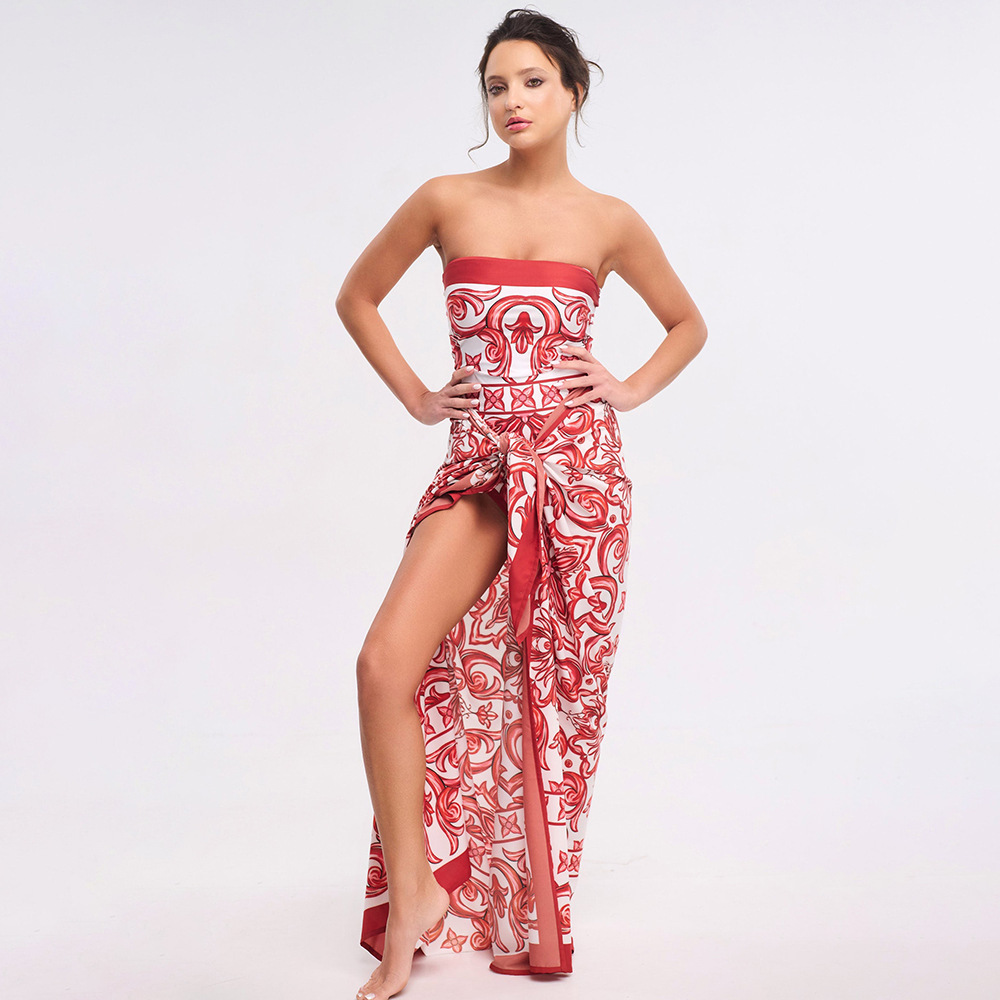 Ethnic-Inspired Printed One-Piece Swimsuit with Matching Skirt Set