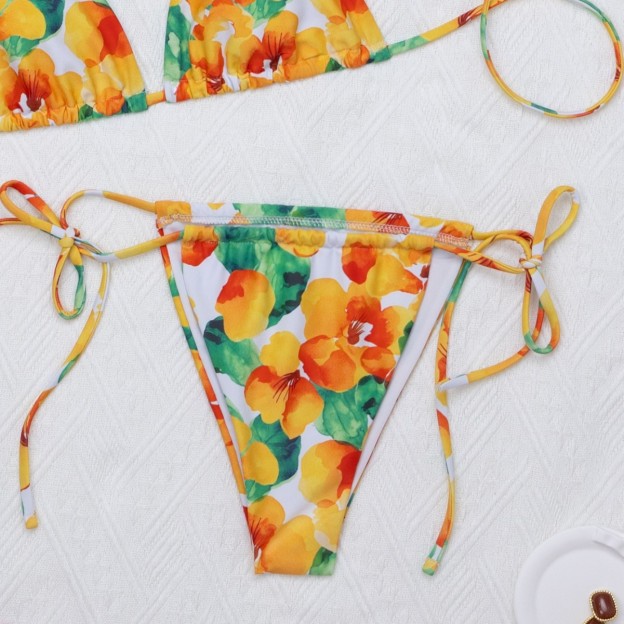 Floral Triangle Bikini Set Adjustable Neck Tie Side Tie Bottom