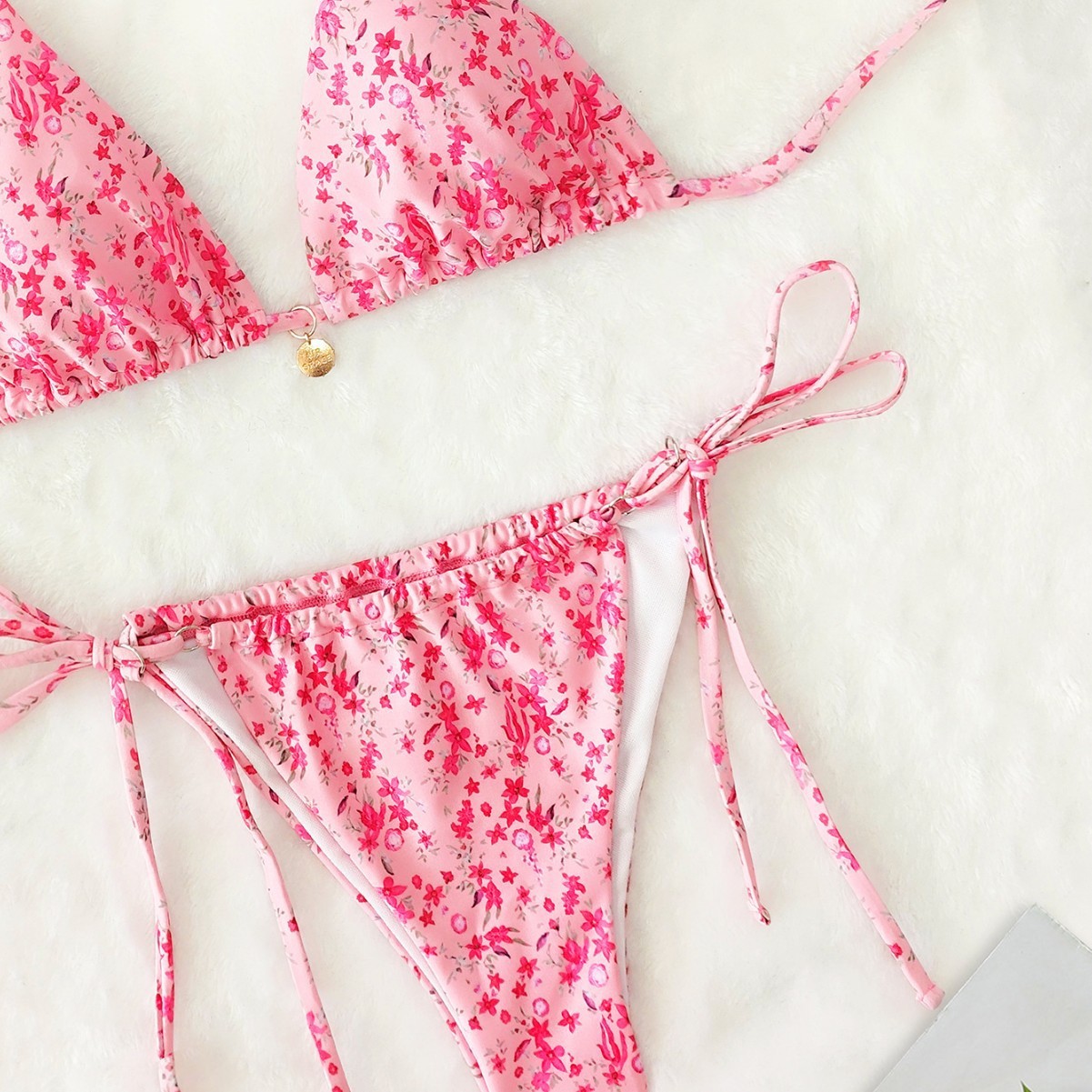 Sexy Floral Halter Bikini Set with Triangle Top Adjustable Neck Tie and Low Rise Side Tie Bottom