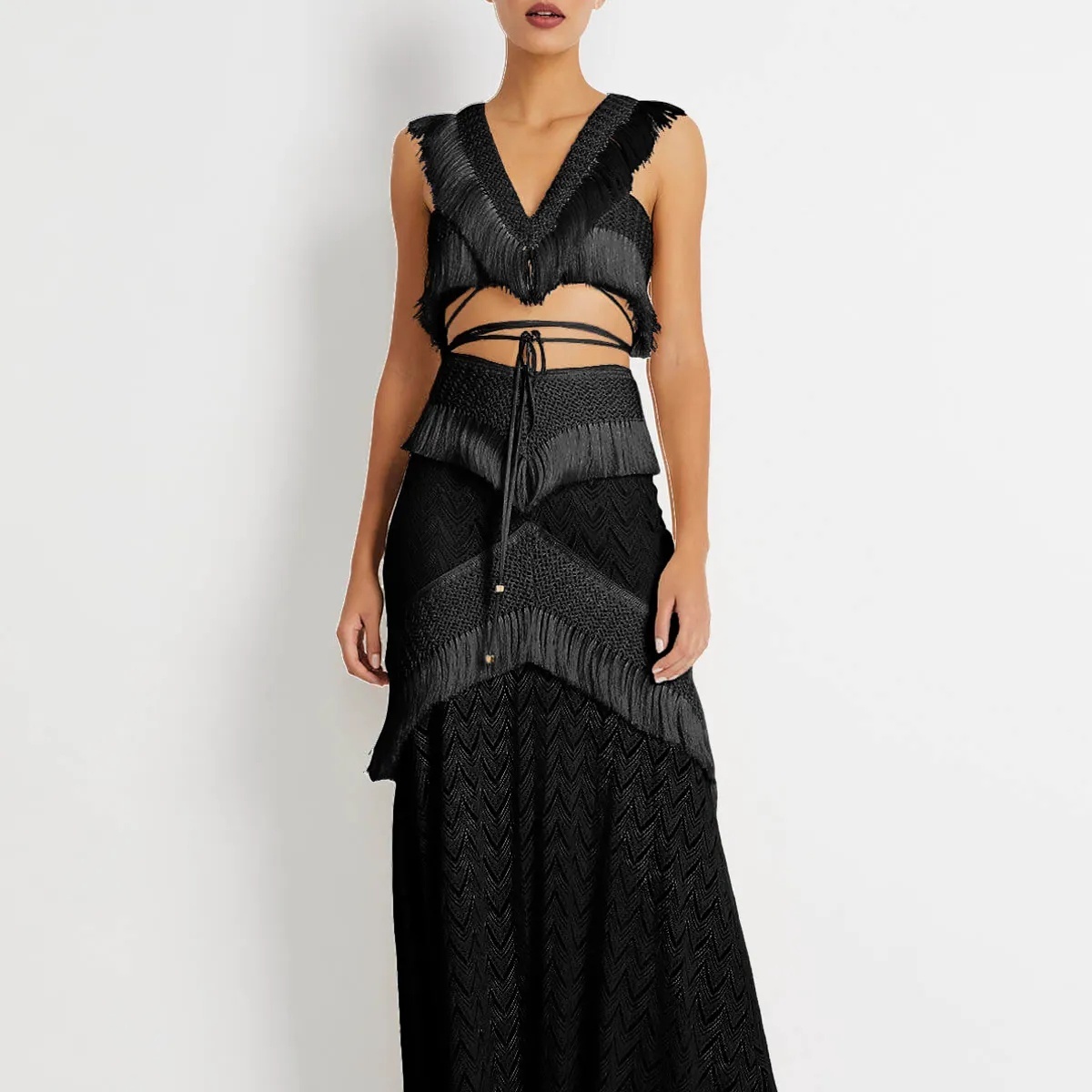 Boho Swim Cover-Up Set Fringe Knit Top High Waist Bottom Layered Skirt