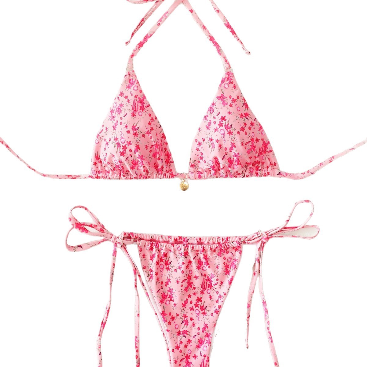 Sexy Floral Halter Bikini Set with Triangle Top Adjustable Neck Tie and Low Rise Side Tie Bottom