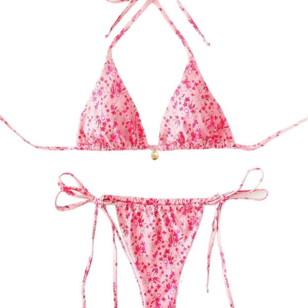 Sexy Floral Halter Bikini Set with Triangle Top Adjustable Neck Tie and Low Rise Side Tie Bottom