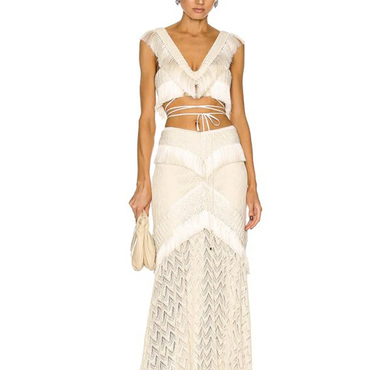 Boho Swim Cover-Up Set Fringe Knit Top High Waist Bottom Layered Skirt