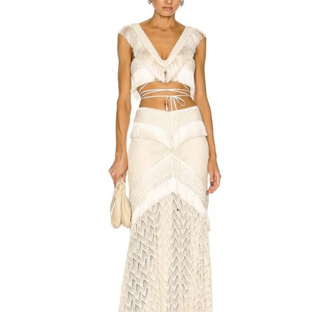 Boho Swim Cover-Up Set Fringe Knit Top High Waist Bottom Layered Skirt