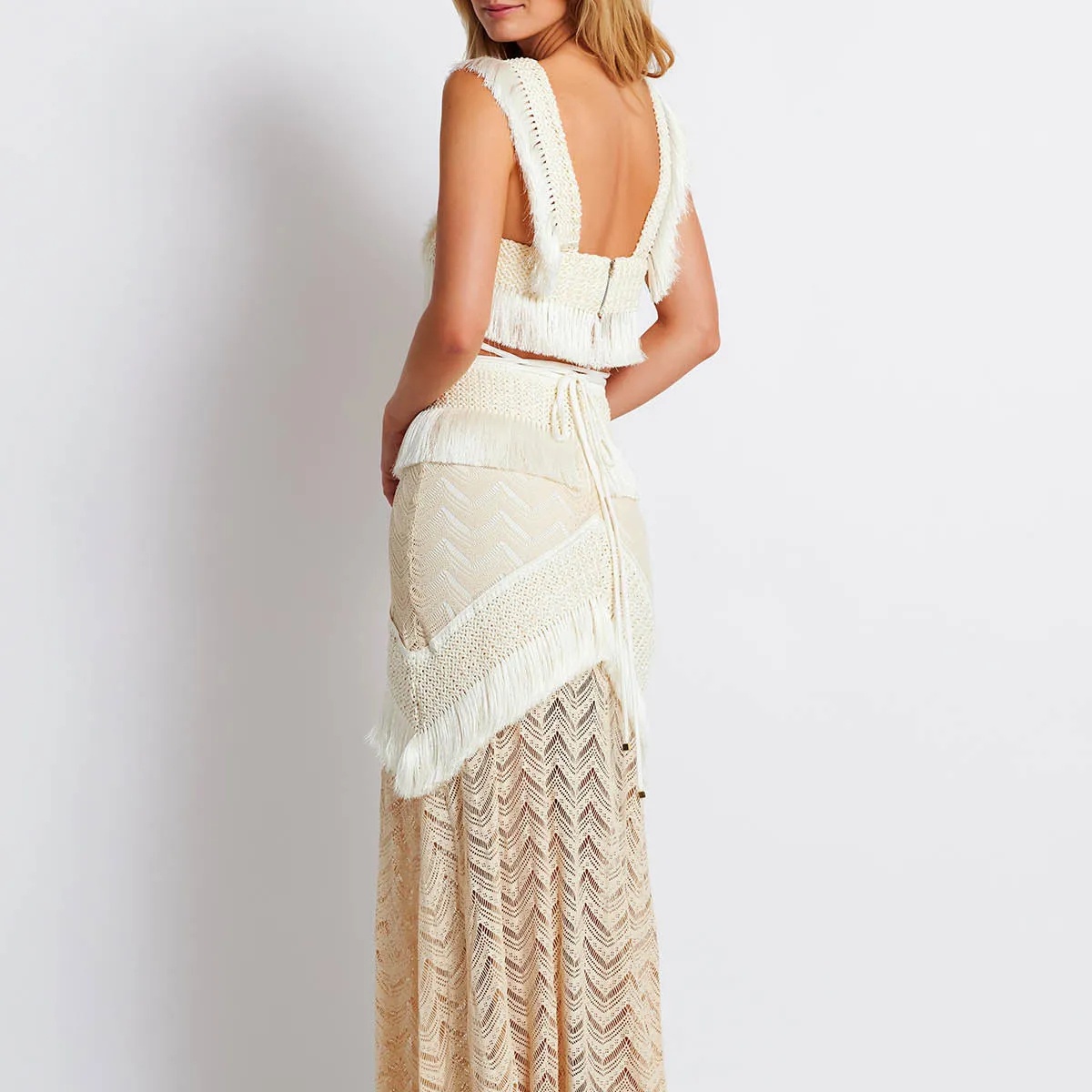 Boho Swim Cover-Up Set Fringe Knit Top High Waist Bottom Layered Skirt