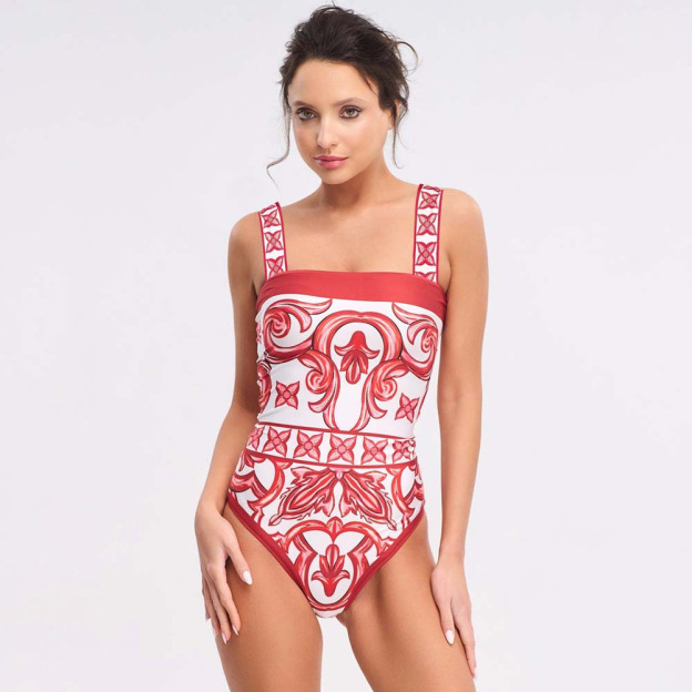 Ethnic-Inspired Printed One-Piece Swimsuit with Matching Skirt Set