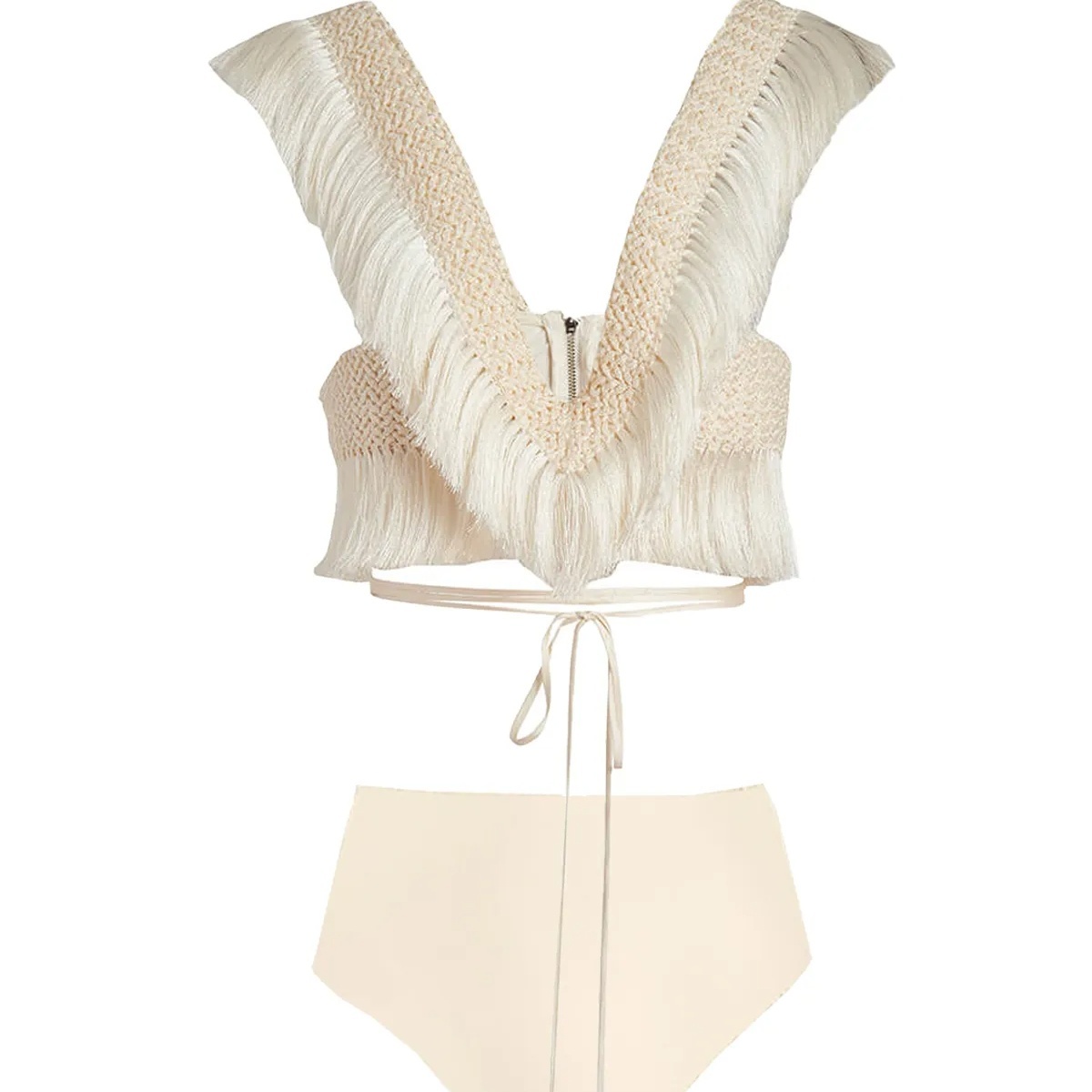 Boho Swim Cover-Up Set Fringe Knit Top High Waist Bottom Layered Skirt