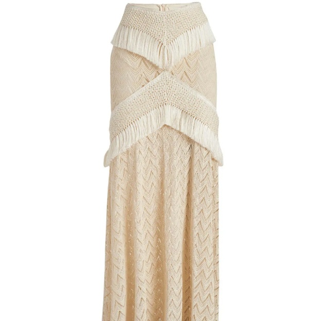 Boho Swim Cover-Up Set Fringe Knit Top High Waist Bottom Layered Skirt