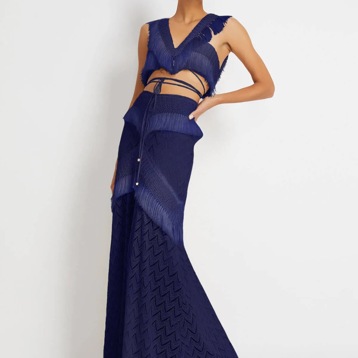 Boho Swim Cover-Up Set Fringe Knit Top High Waist Bottom Layered Skirt