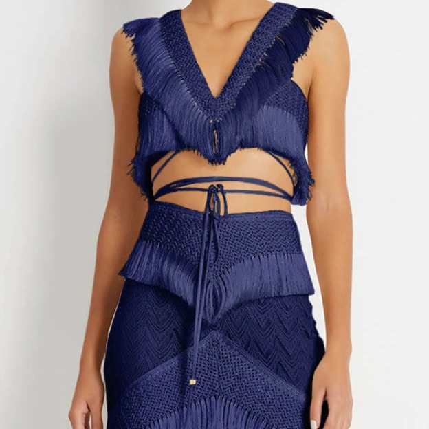 Boho Swim Cover-Up Set Fringe Knit Top High Waist Bottom Layered Skirt
