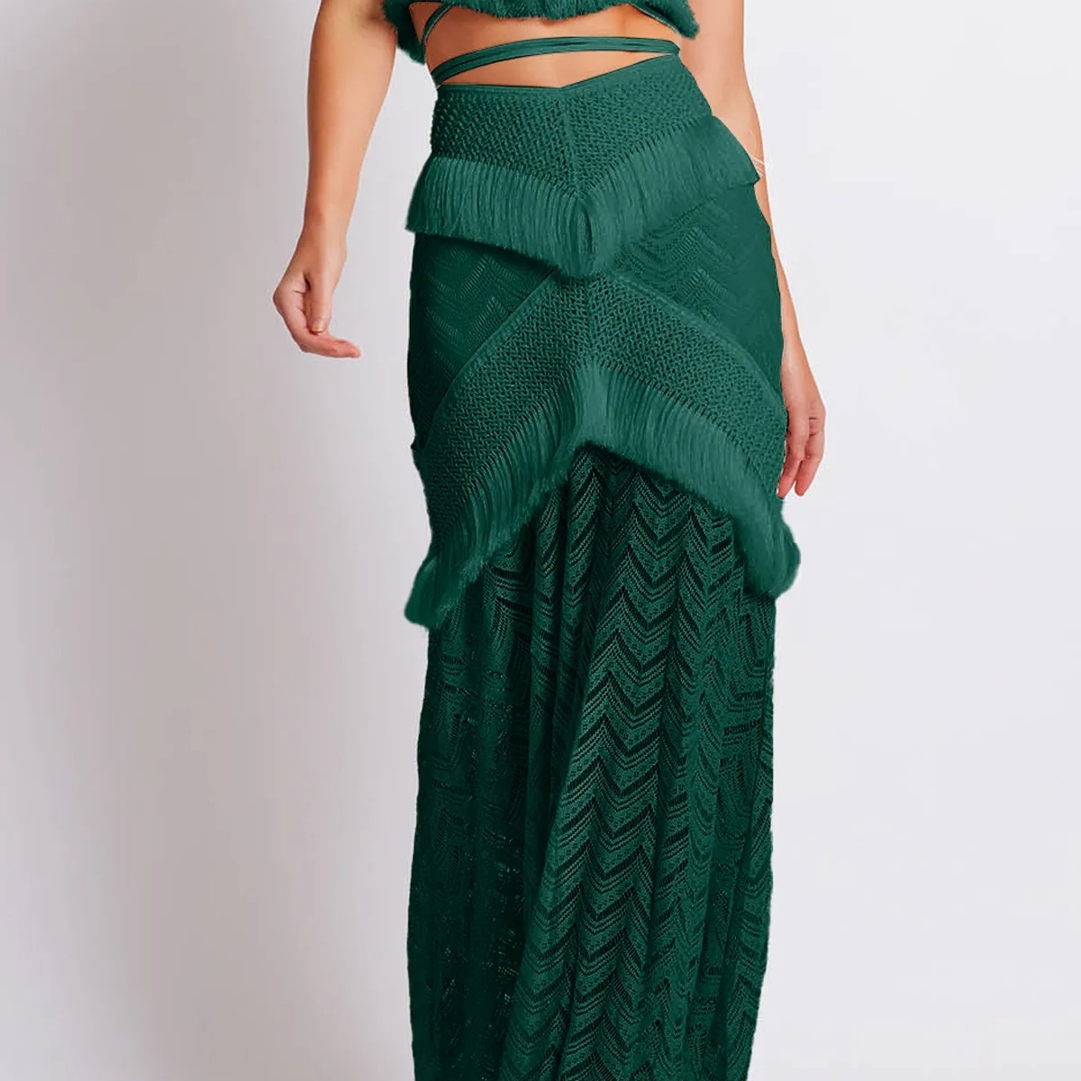 Boho Swim Cover-Up Set Fringe Knit Top High Waist Bottom Layered Skirt