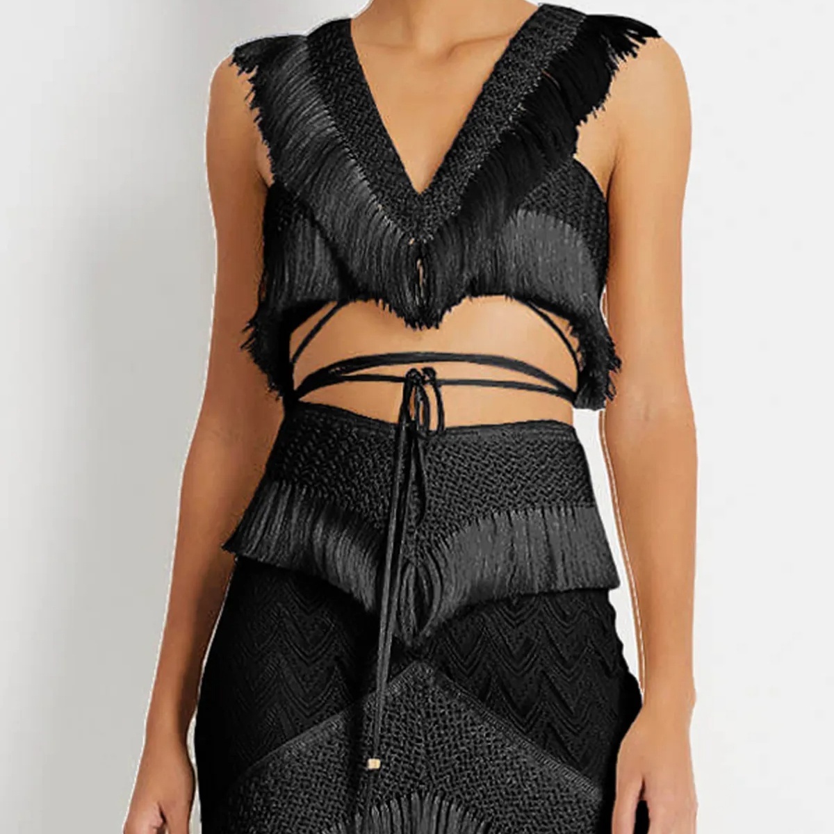Boho Swim Cover-Up Set Fringe Knit Top High Waist Bottom Layered Skirt