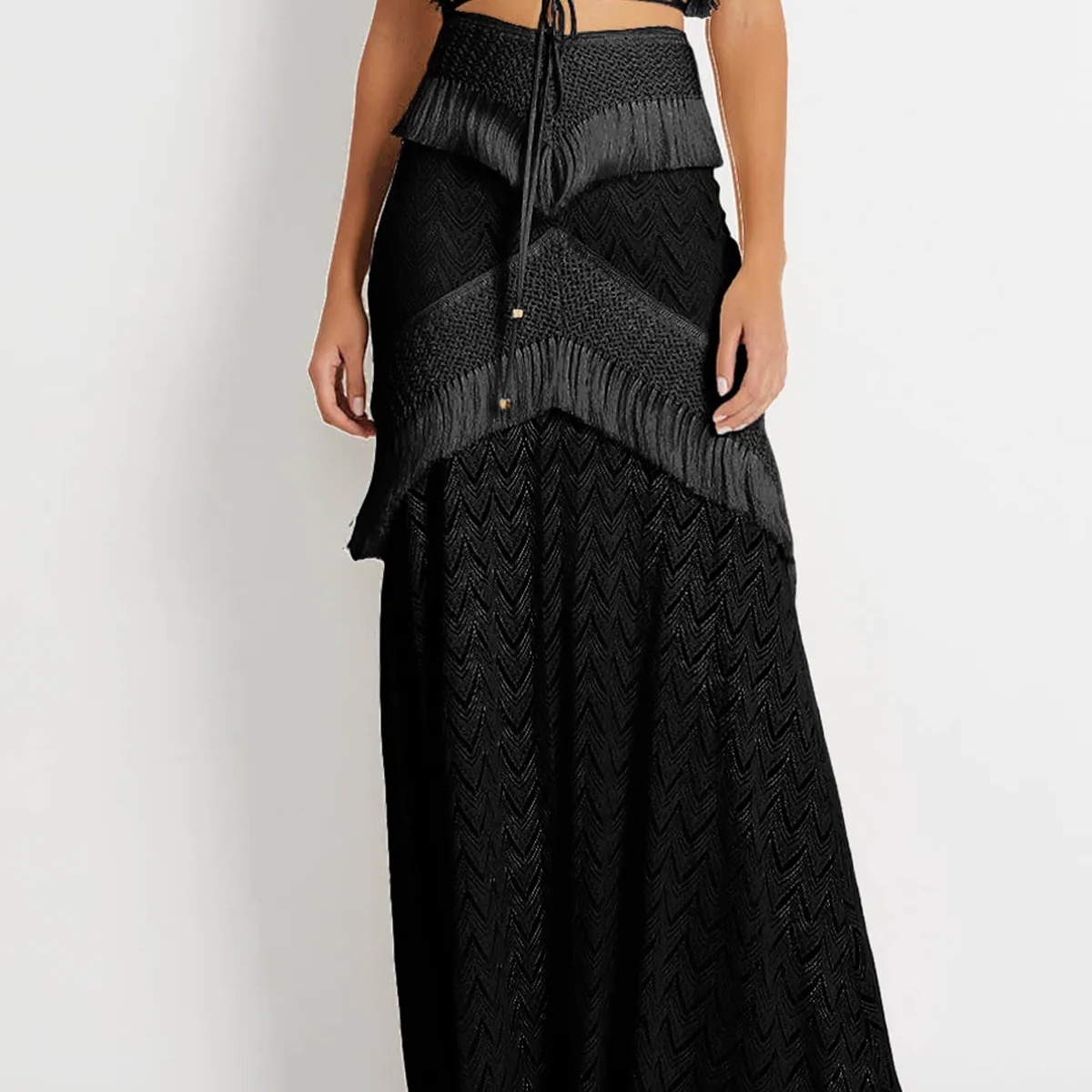 Boho Swim Cover-Up Set Fringe Knit Top High Waist Bottom Layered Skirt