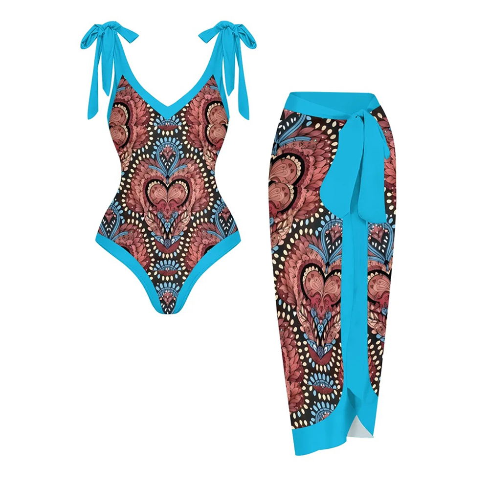 Women's Mandala Print One Piece Swimsuit  Set  with Matching Wrap Skirt