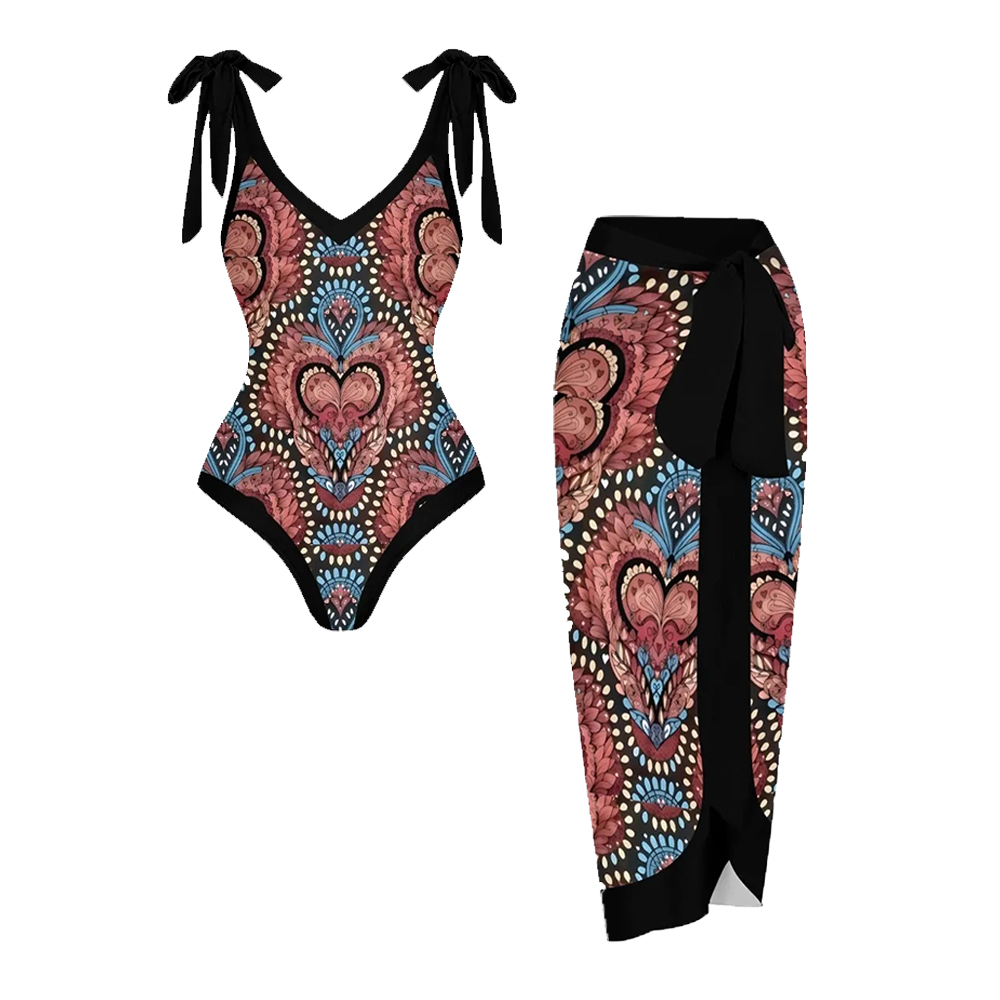 Women's Mandala Print One Piece Swimsuit Set with Matching Wrap Skirt