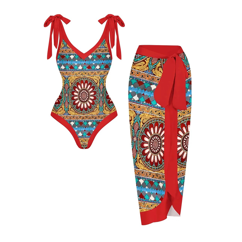 Women's Deep V Neck Geometric Print One Piece Swimsuit Set