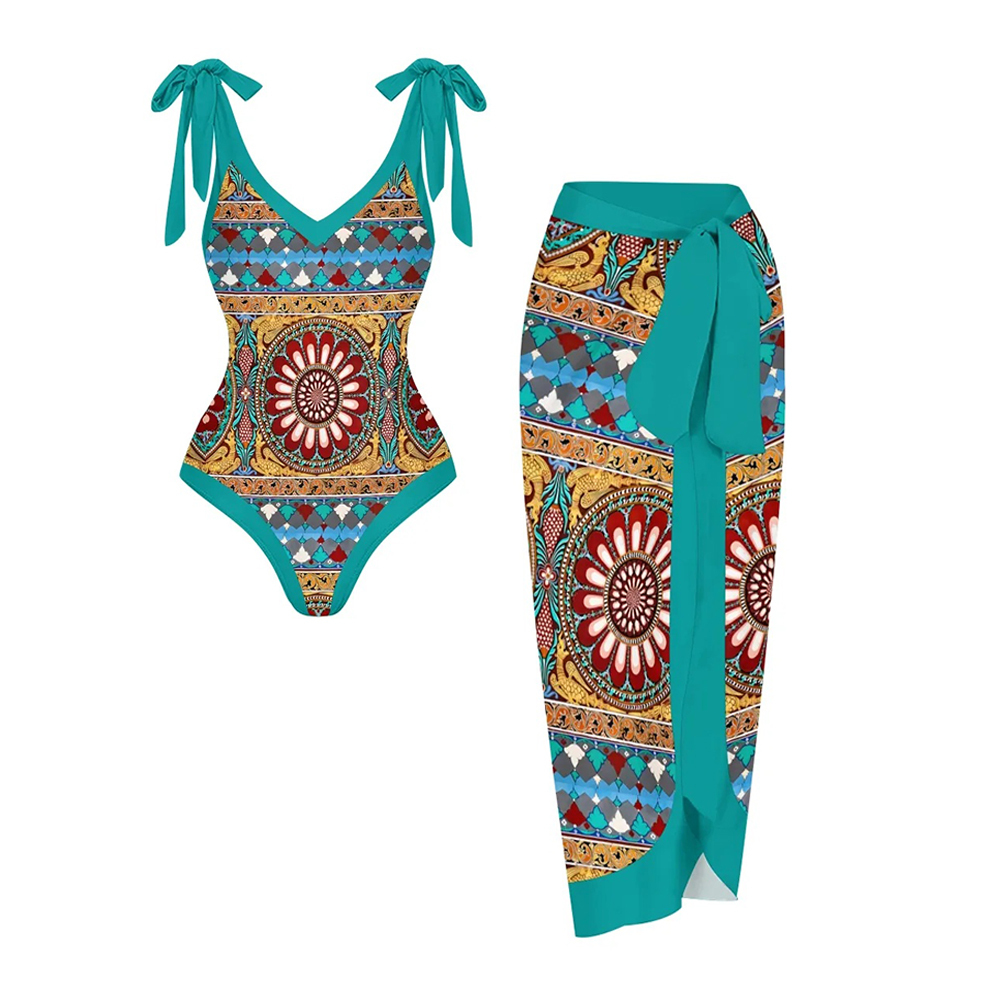 Women's Deep V Neck Geometric Print One Piece Swimsuit Set