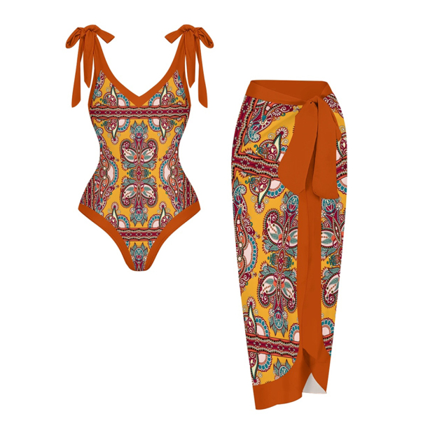 Deep V Neck One Piece Paisley Print Swimsuit Set