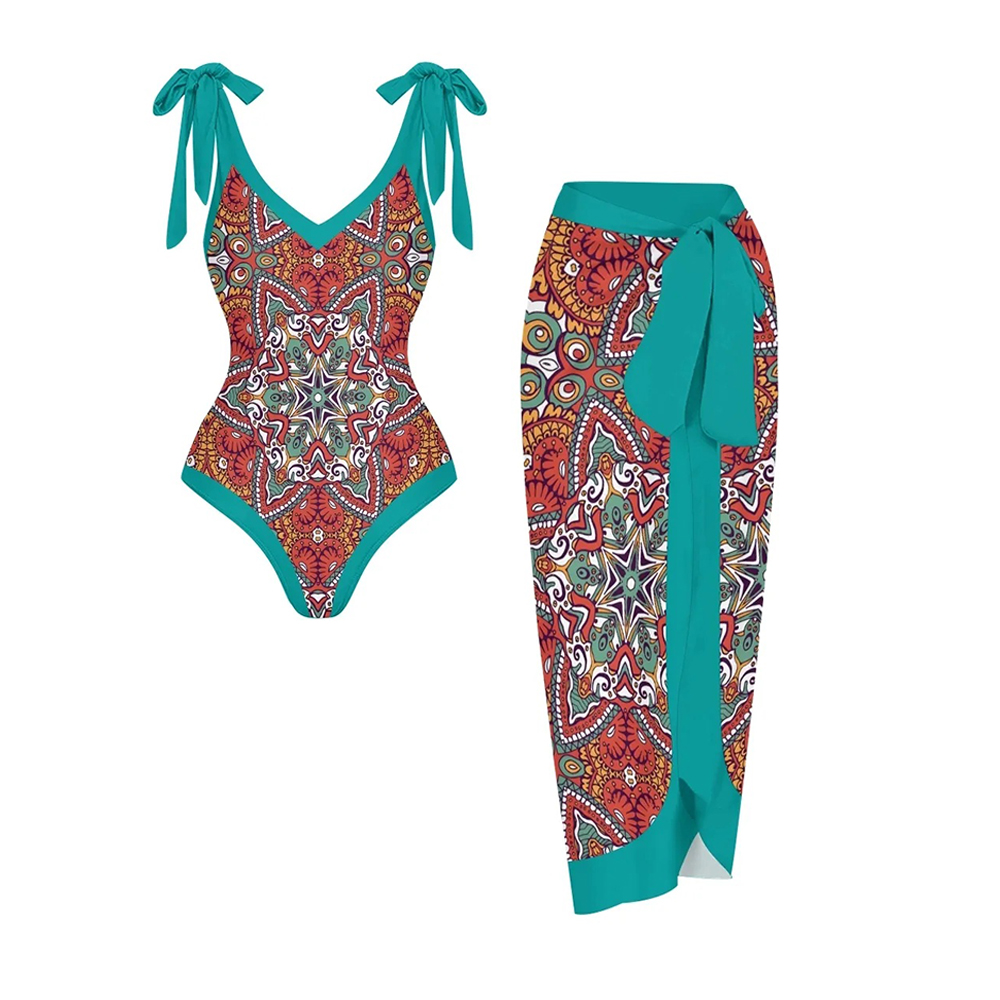 Women's Bohemian One Piece Swimsuit set with Printed Beach Skirt