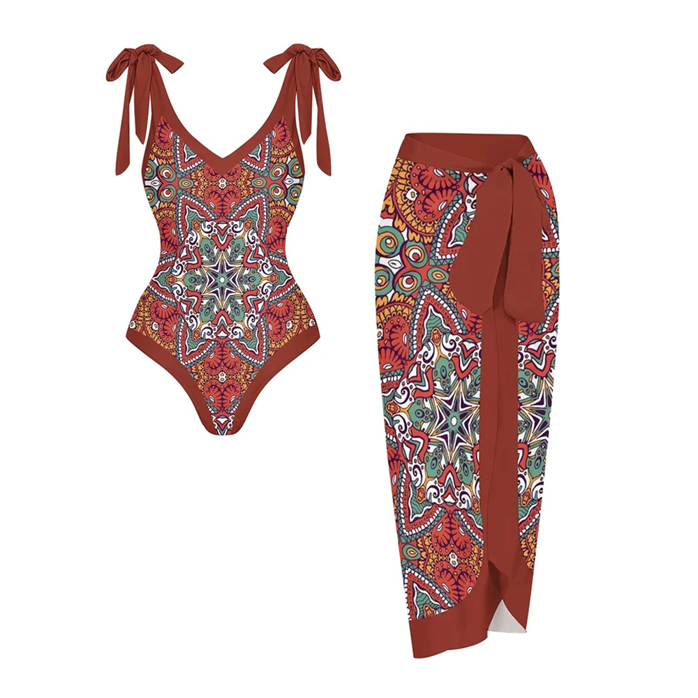 Women's Bohemian One Piece Swimsuit set with Printed Beach Skirt