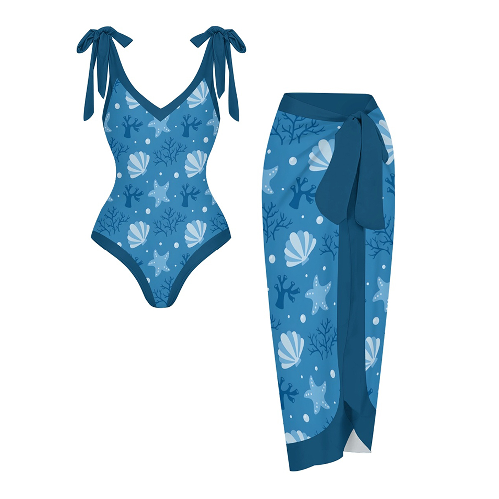 Women's Ocean Print One Piece Swimsuit with Matching Wrap Skirt Set