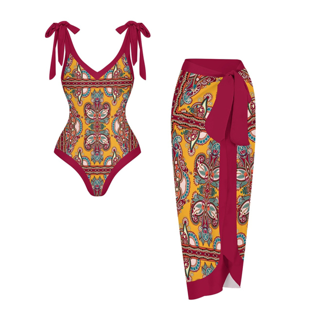 Women's Boho Paisley One-Piece Swimsuit with Matching Wrap Skirt Cover-Up Set