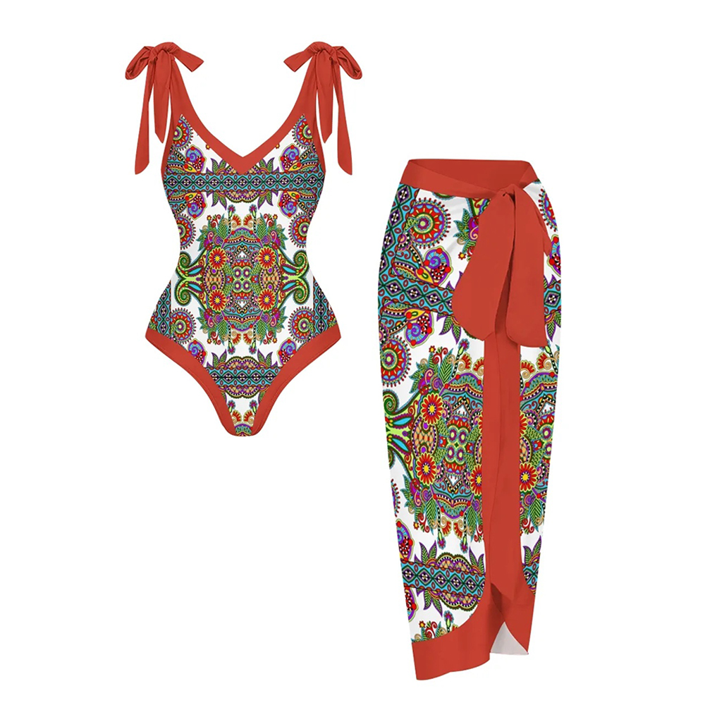 Bohemian One-Piece Swimsuit Set Shoulder Tie Bathing Suit with Matching Skirt