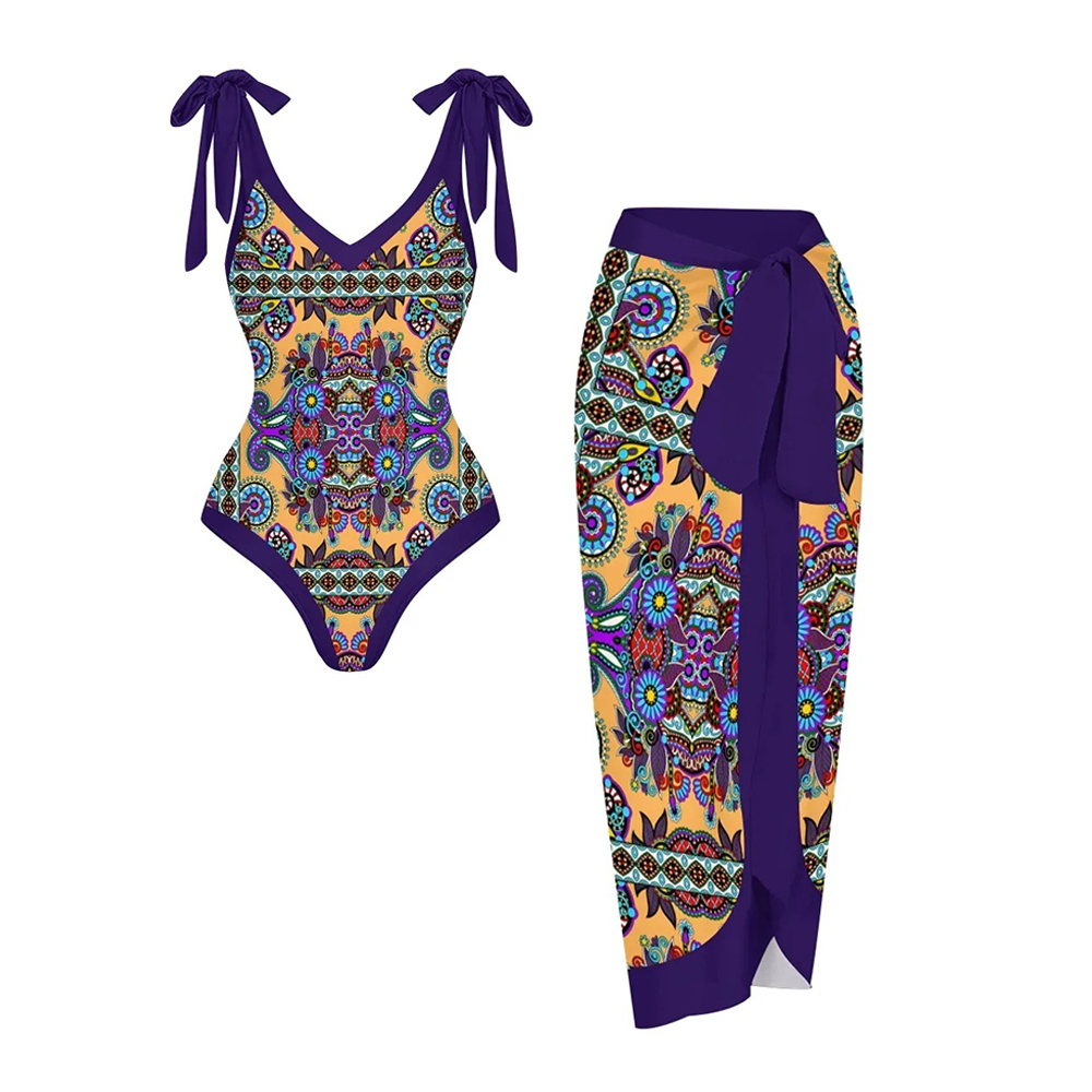 Bohemian One-Piece Swimsuit Set Shoulder Tie Bathing Suit with Matching Skirt