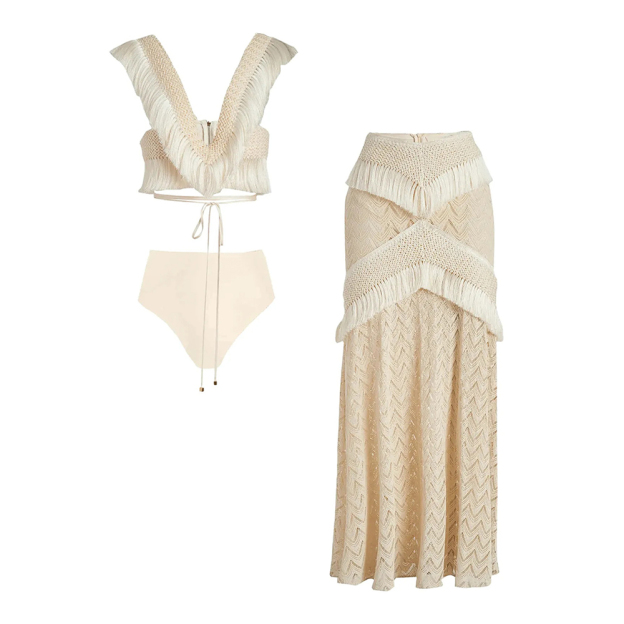 Boho Swim Cover-Up Set Fringe Knit Top High Waist Bottom Layered Skirt