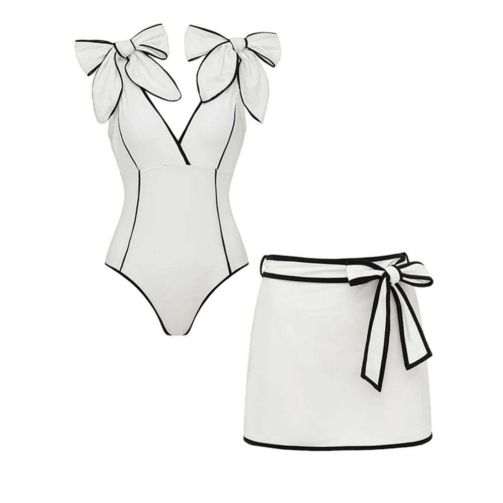 New Black & White Color-Block Bow-Detailed One-Piece Swimsuit Set with Skirt