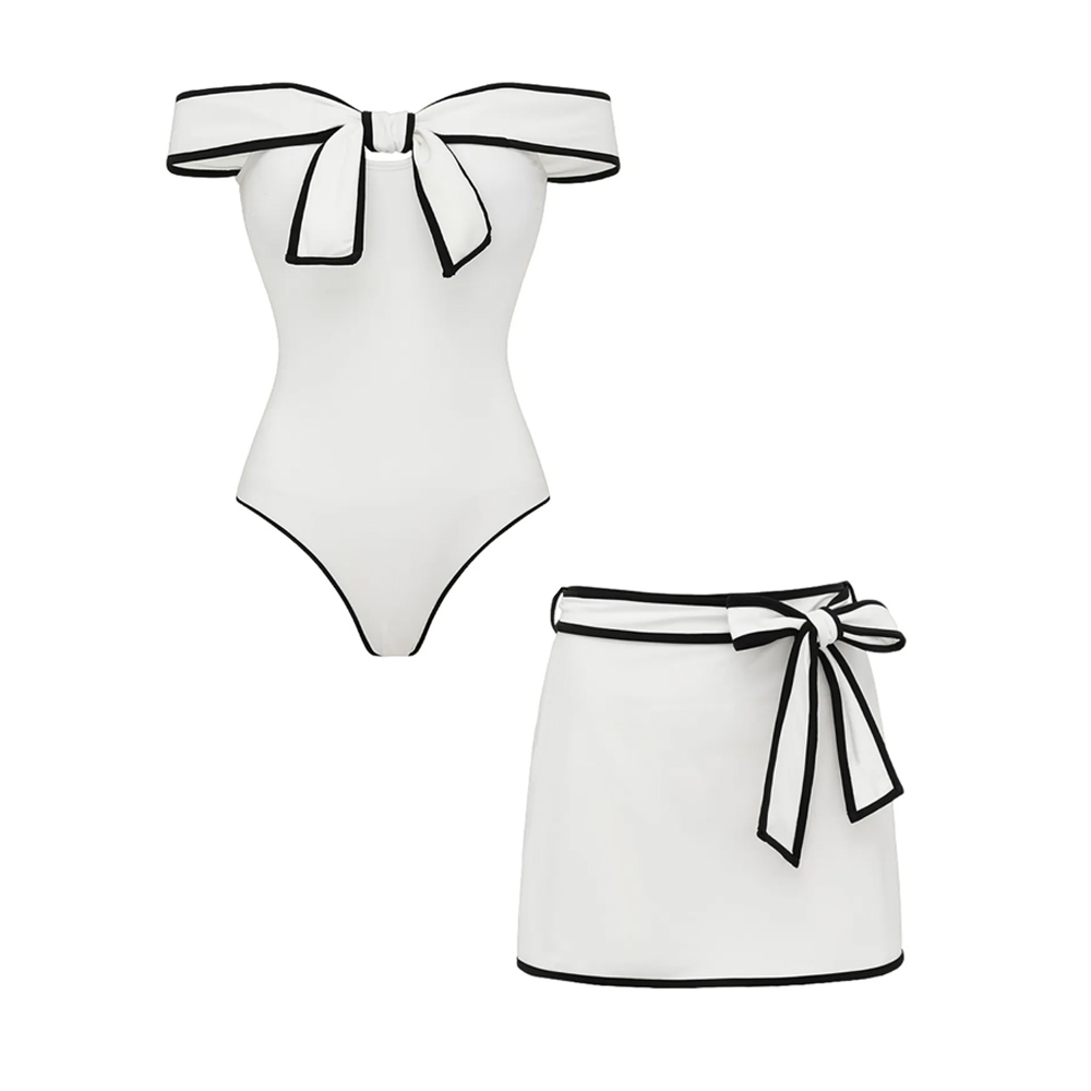 New Black & White Color-Block Off Shoulder Bow-Detailed One-Piece Swimsuit Set with Skirt